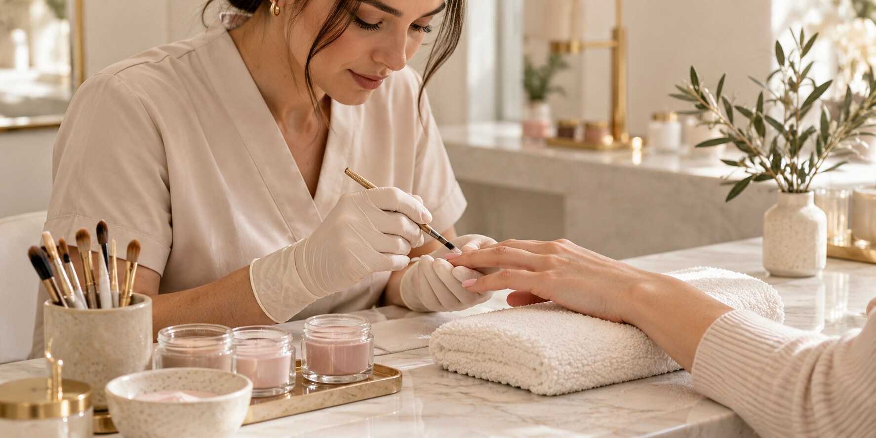 A nail professional applying dip powder during a salon service